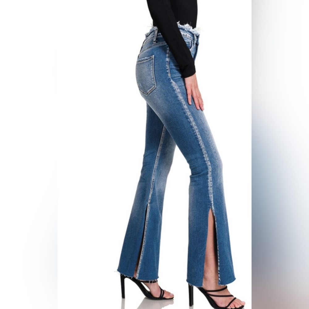 NEW Zenana FRAYED EDGED WAIST FLARE Jeans W SIDE SLITS~27, 28, 29, 30 & 31 Avail